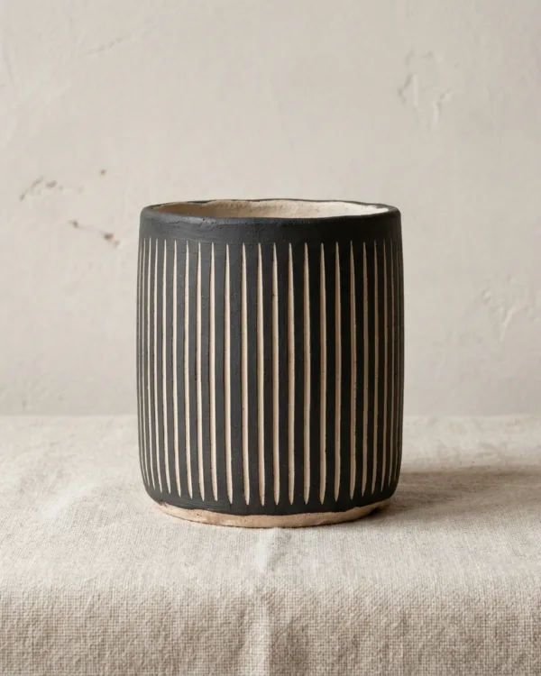 Charcoal-painted clay vessel with pale stripes scratched through the surface