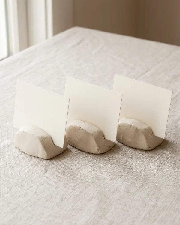Three small clay card stands with slotted tops holding blank cream cards