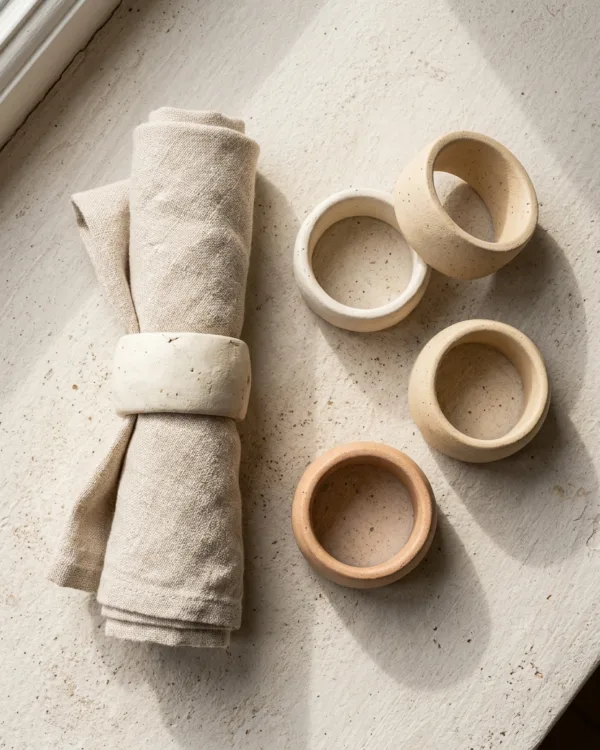 Four smooth clay napkin rings, one wrapped around a rolled linen napkin
