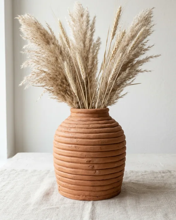 Terracotta coil-built vase with visible ridges holding dried pampas stems