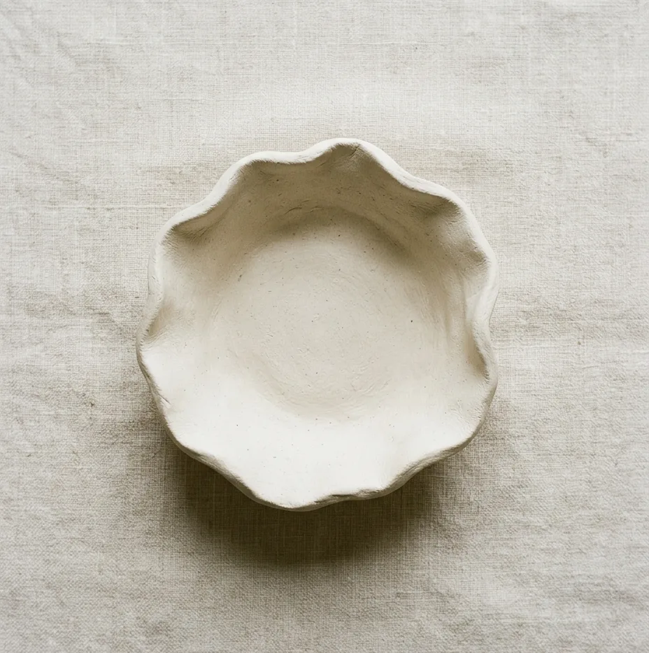 Shallow off-white air dry clay bowl with a softly wavy rim on pale linen