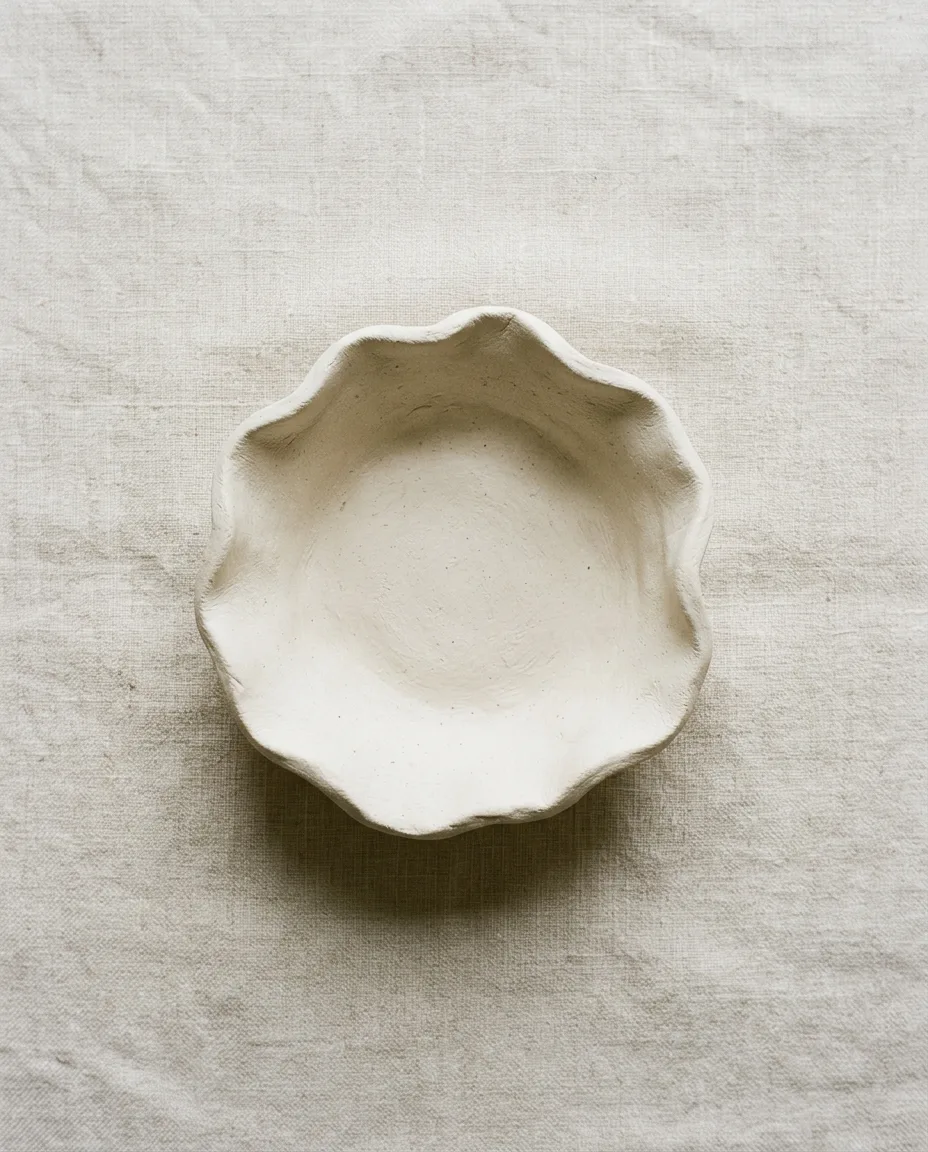 Shallow off-white air dry clay bowl with a softly wavy rim on pale linen
