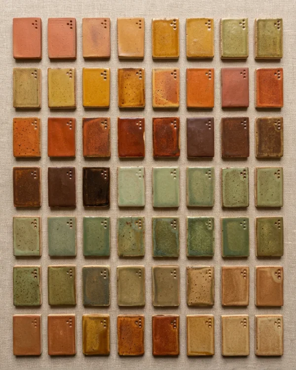 A glaze-test tile library arranged in a grid, dozens of colors