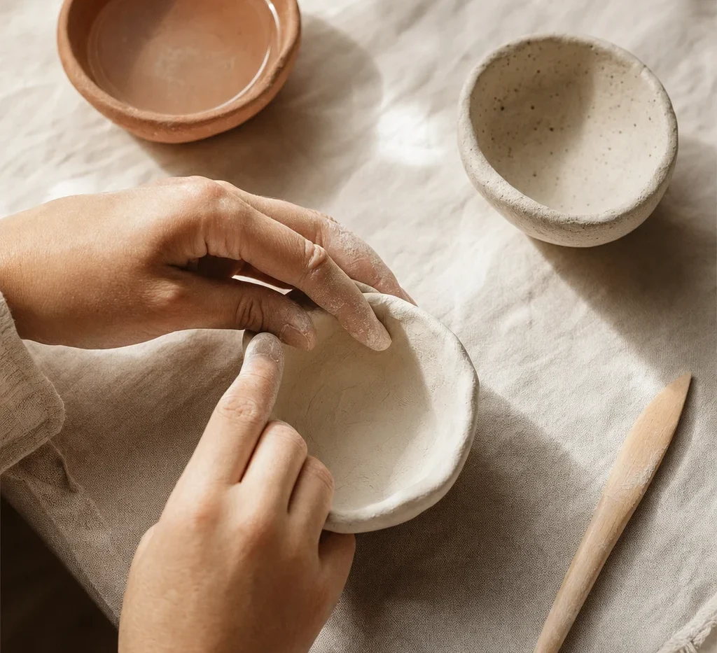 Hands pinching the wall of a small white air dry clay bowl on pale linen