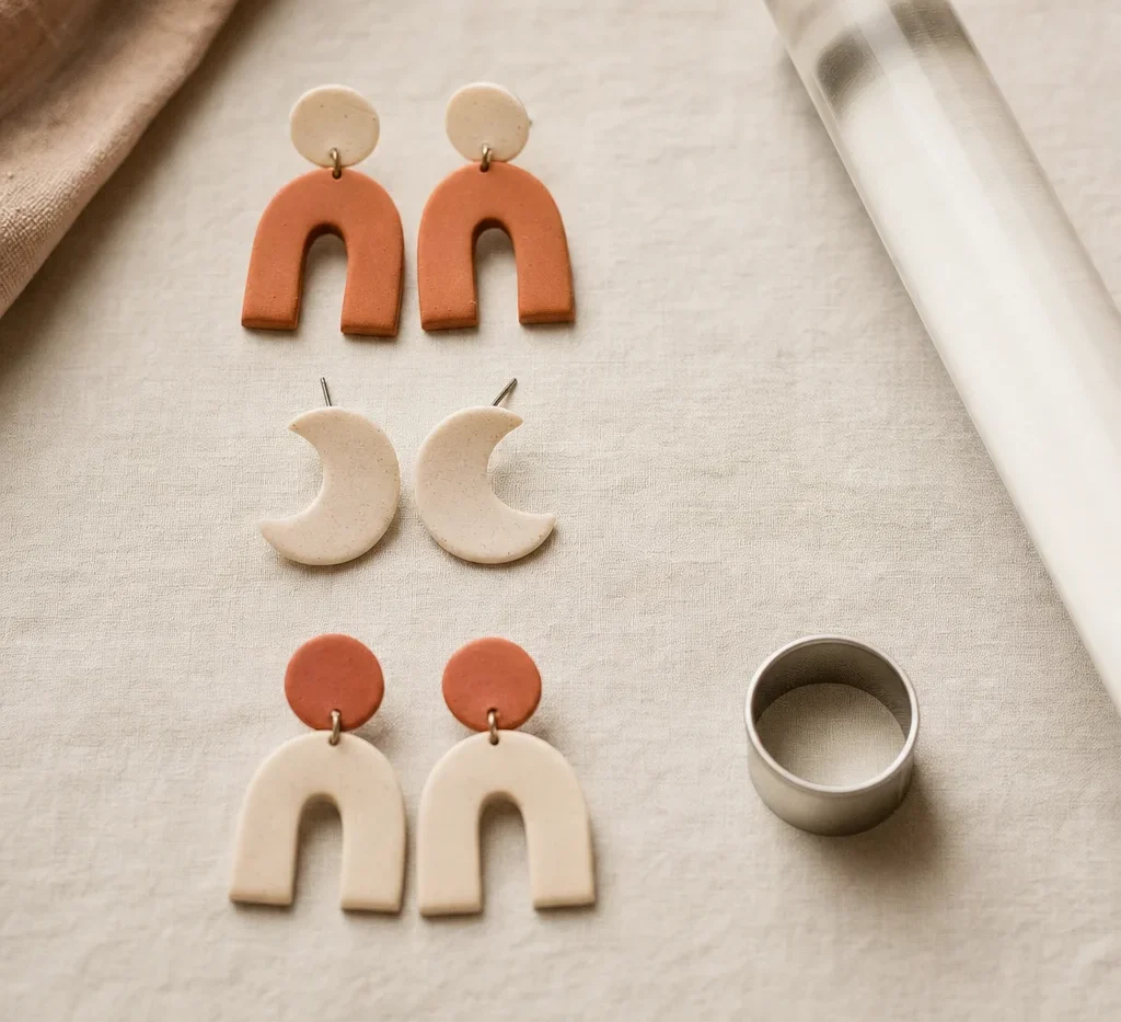 Three pairs of handmade polymer clay stud earrings in terracotta and bone on linen