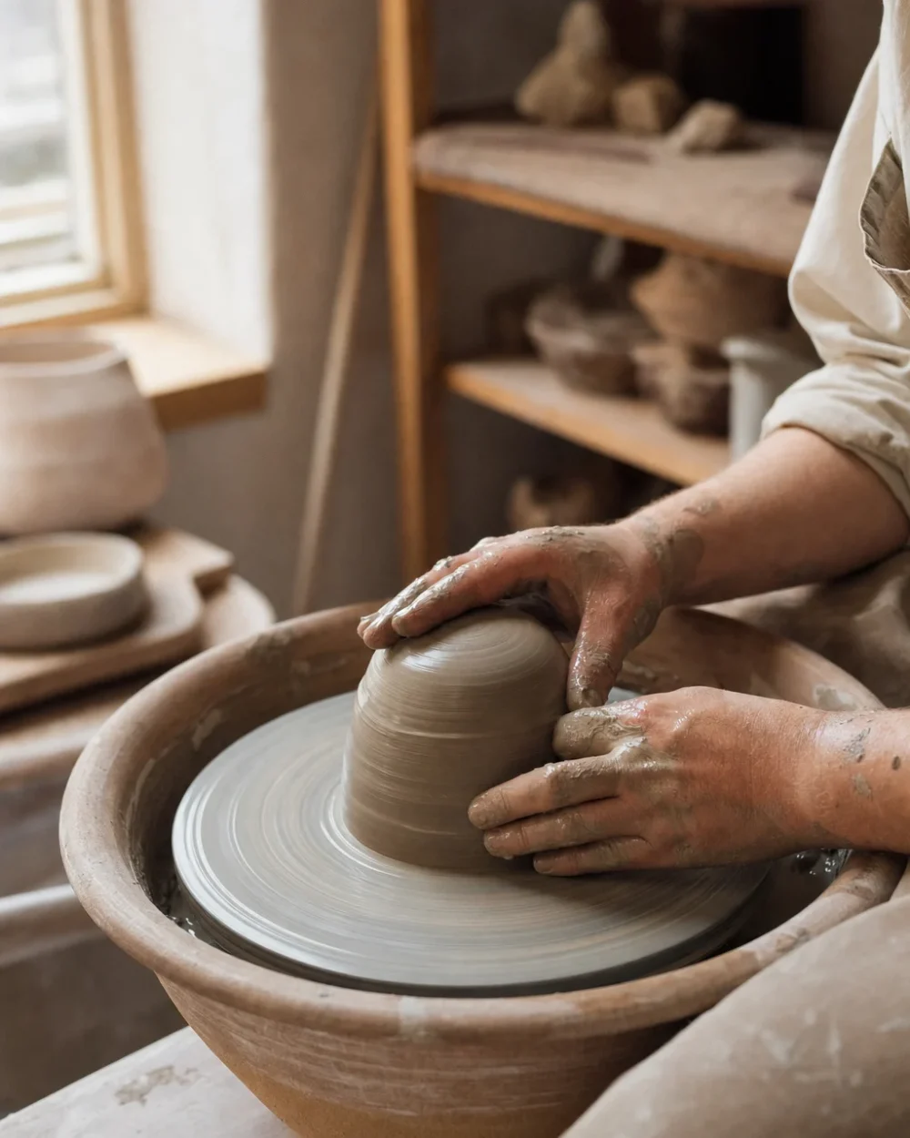 Clay covered hands bracing around a mound of stoneware clay on a pottery wheel
