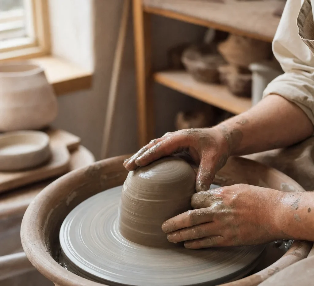 Clay covered hands bracing around a mound of stoneware clay on a pottery wheel