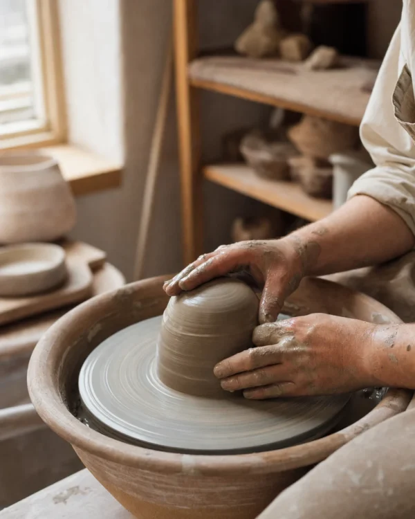 Clay covered hands bracing around a mound of stoneware clay on a pottery wheel