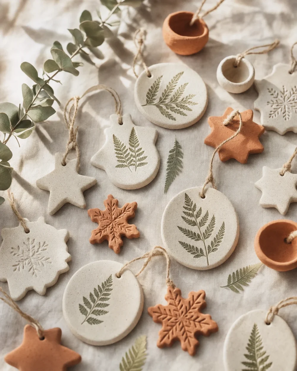 Handmade white and terracotta clay Christmas ornaments with pressed ferns and twine
