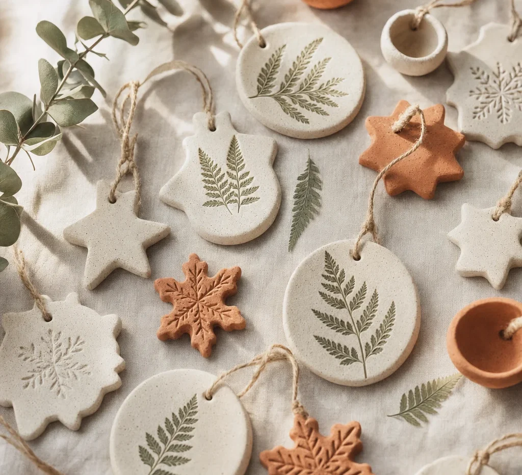 Handmade white and terracotta clay Christmas ornaments with pressed ferns and twine