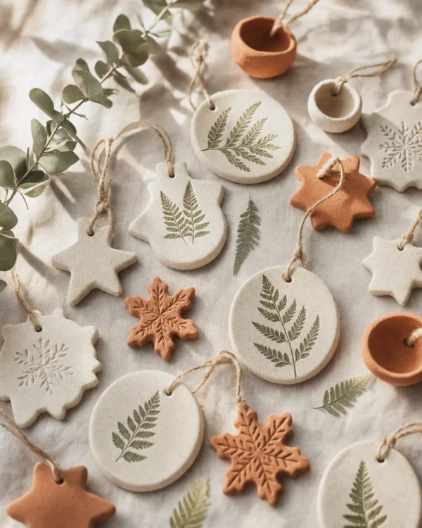 Handmade white and terracotta clay Christmas ornaments with pressed ferns and twine