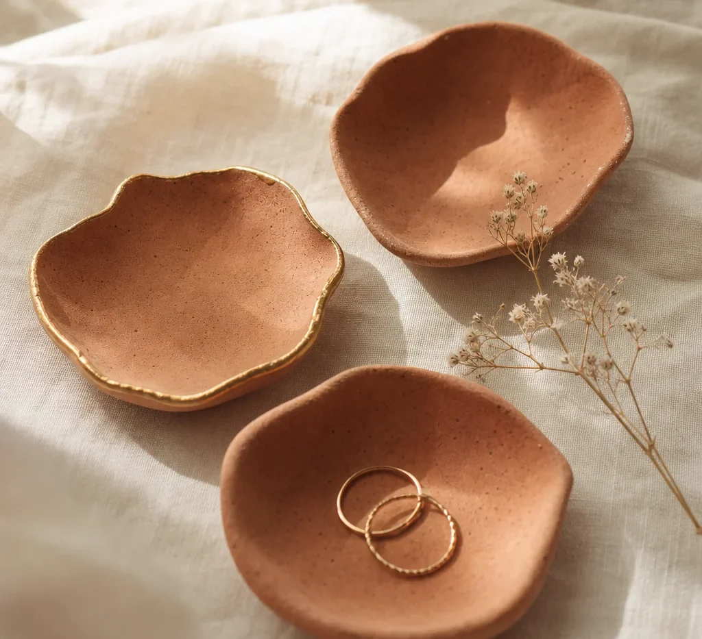 Three terracotta clay trinket dishes with organic edges, one holding gold rings
