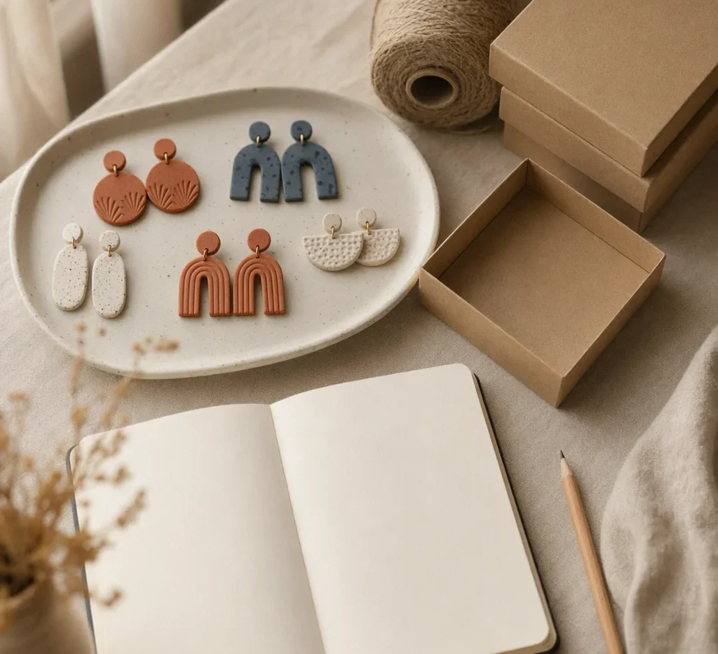 Finished polymer clay earrings on a ceramic tray beside plain kraft boxes and twine