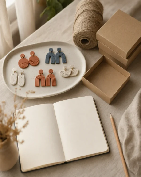 Finished polymer clay earrings on a ceramic tray beside plain kraft boxes and twine