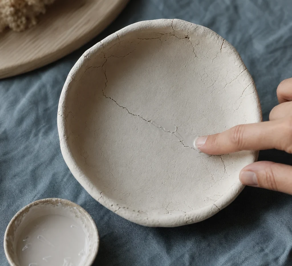 A dried white clay bowl with a crack across the base being repaired with clay slurry