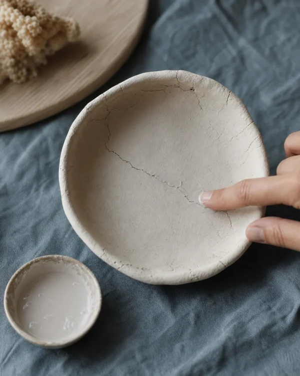 A dried white clay bowl with a crack across the base being repaired with clay slurry