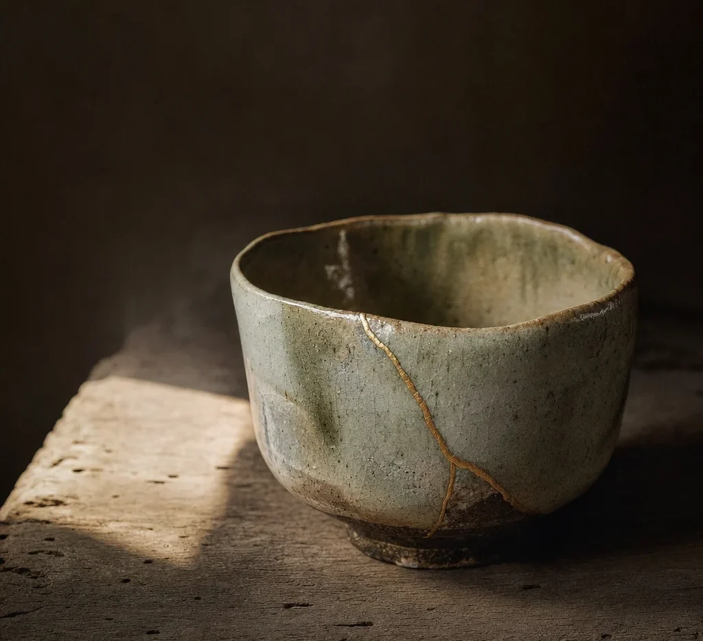 A wabi sabi tea bowl with an uneven rim and a gold kintsugi repair seam
