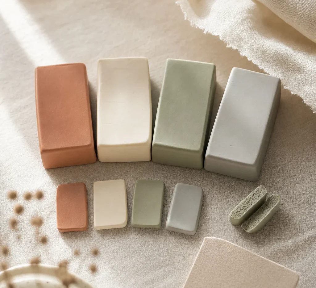 Four blocks of polymer clay in muted colours with baked test tiles, one snapped in half