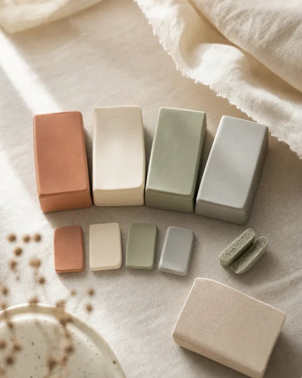 Four blocks of polymer clay in muted colours with baked test tiles, one snapped in half