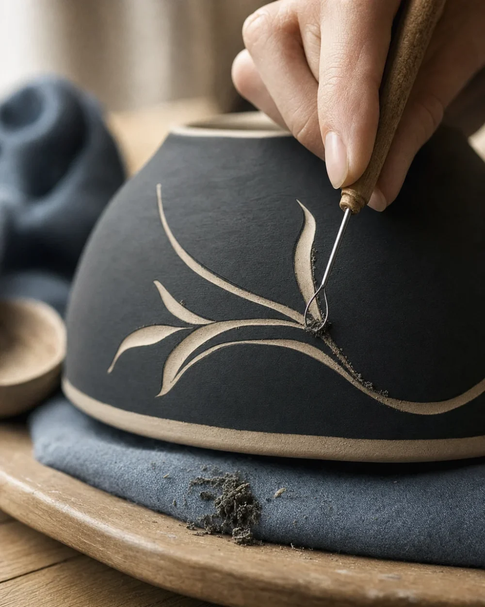 A loop tool carving a line through black slip on a leather hard pale stoneware bowl