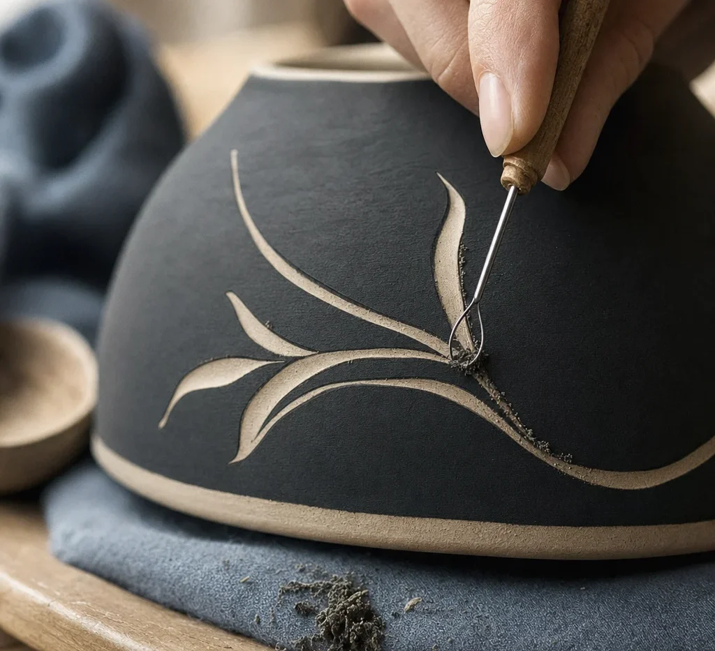 A loop tool carving a line through black slip on a leather hard pale stoneware bowl