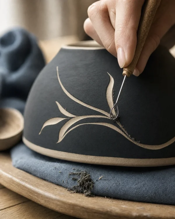 A loop tool carving a line through black slip on a leather hard pale stoneware bowl