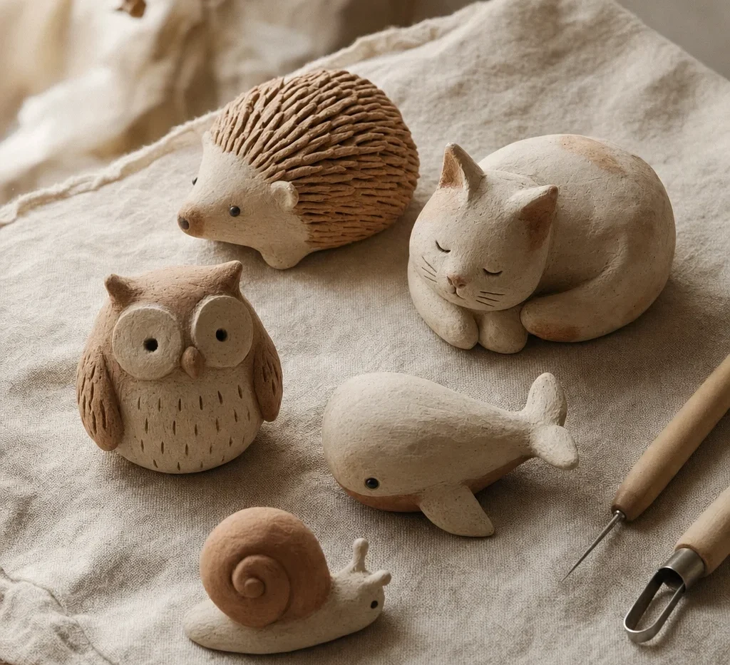 Simple handmade clay animal sculptures including a hedgehog, owl, cat and whale