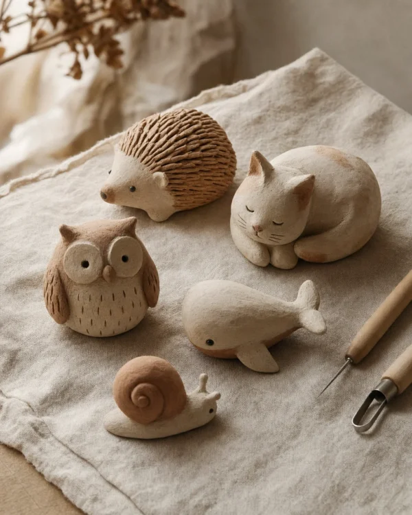 Simple handmade clay animal sculptures including a hedgehog, owl, cat and whale