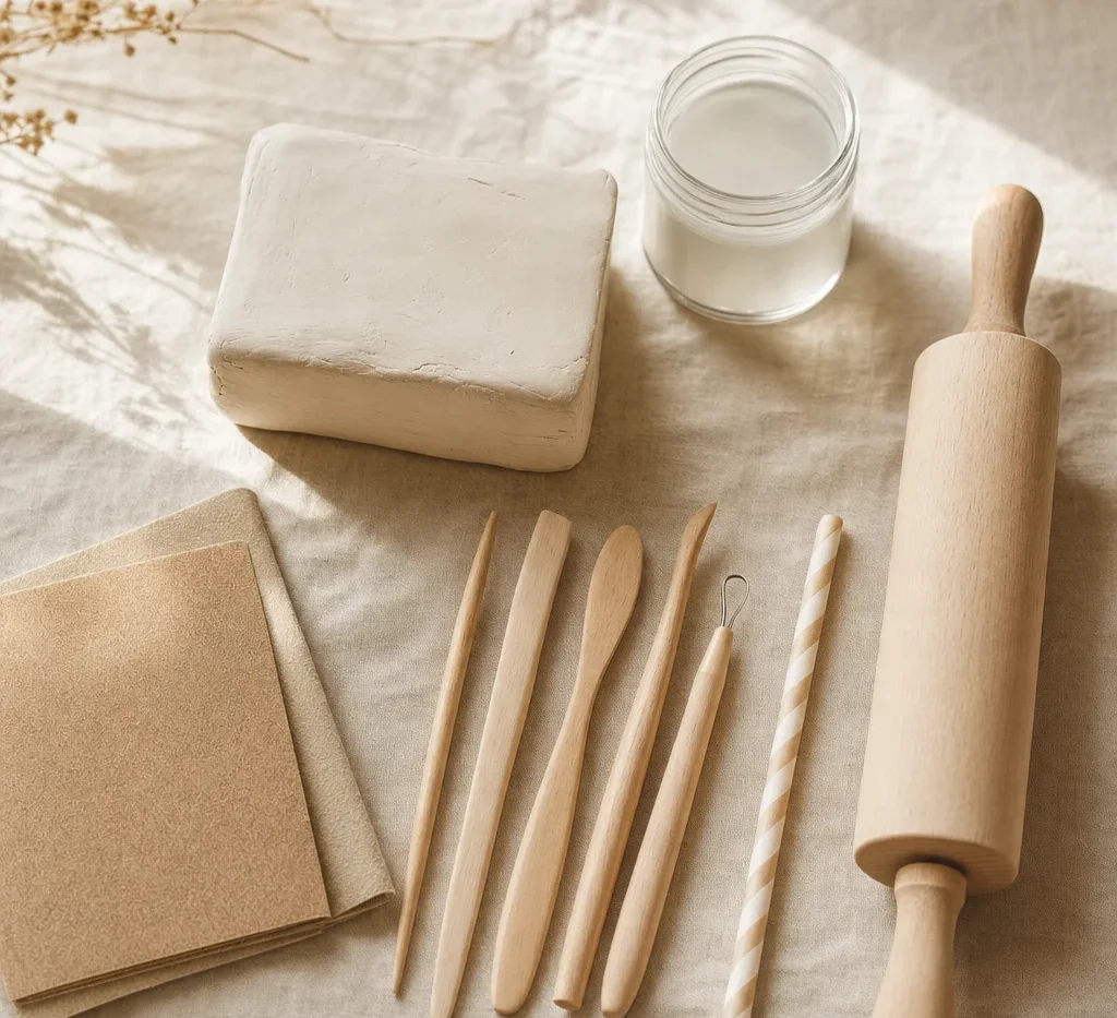 A minimal beginner clay starter kit flat lay with clay, wooden tools and sandpaper