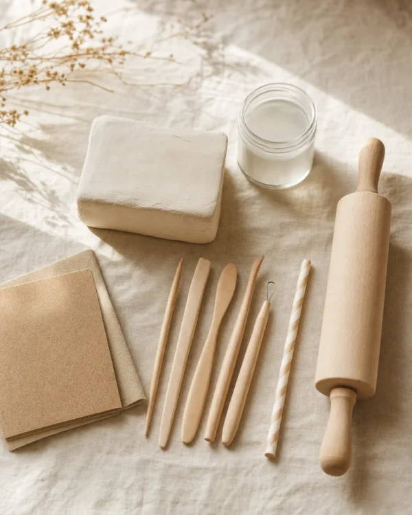 A minimal beginner clay starter kit flat lay with clay, wooden tools and sandpaper
