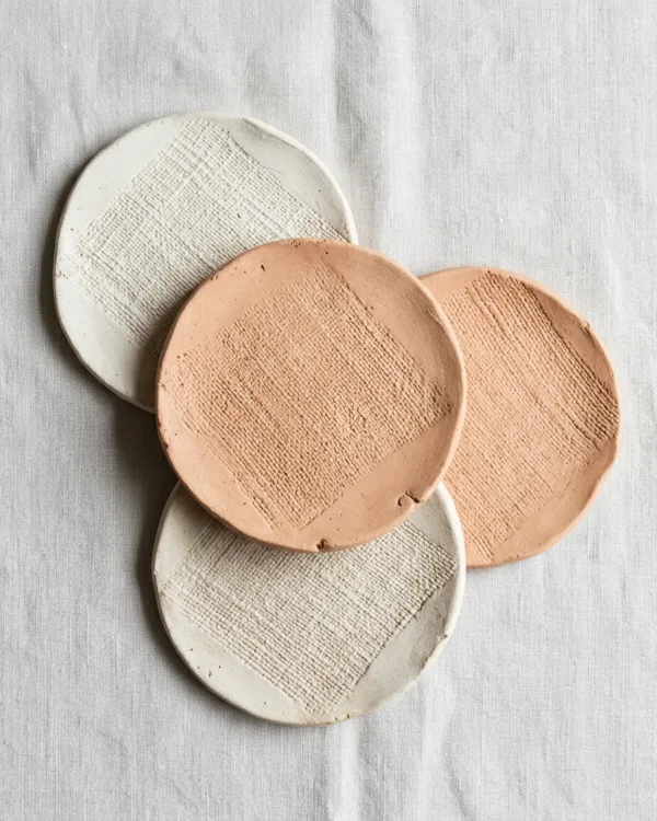 Round clay coasters showing woven linen texture pressed into the surface