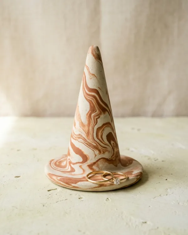 Marbled white and terracotta clay ring cone with two thin gold rings