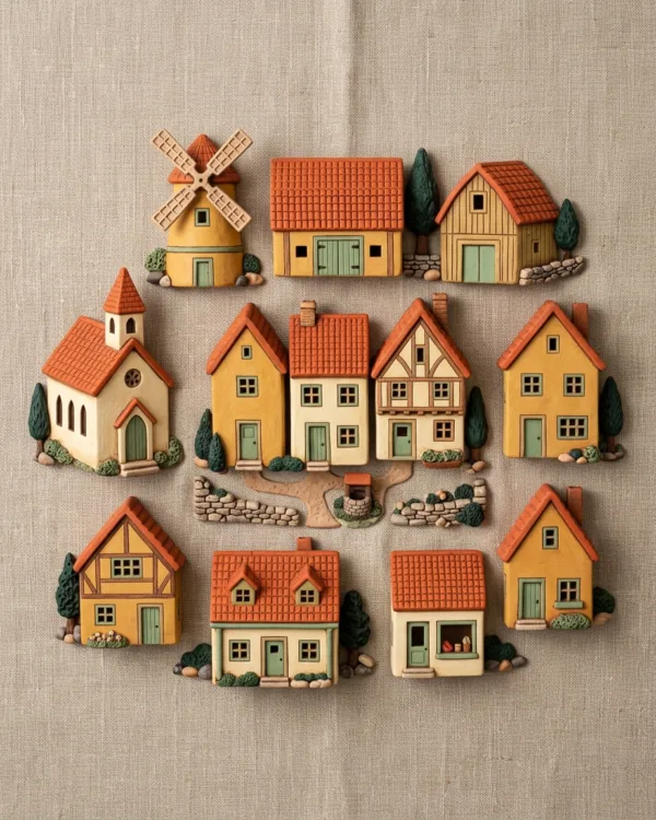 A miniature clay village of twelve painted structures seen from above