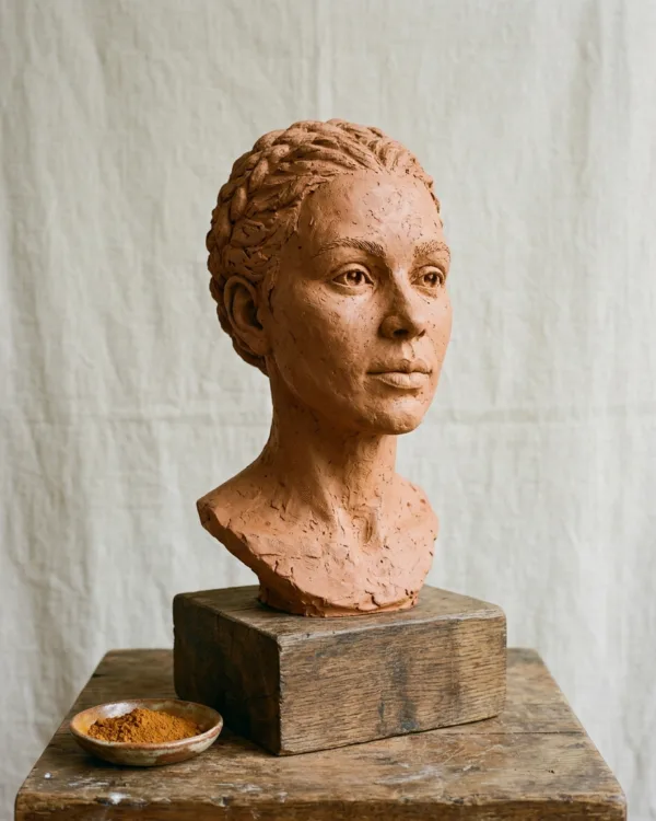 A near-life-size terracotta-washed clay portrait bust on a wooden plinth