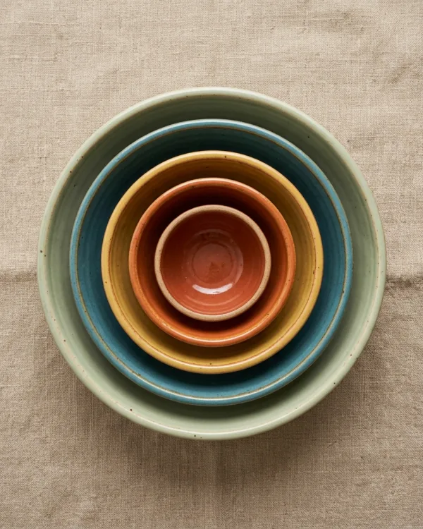 A nesting set of five graduated glazed ceramic bowls seen from above