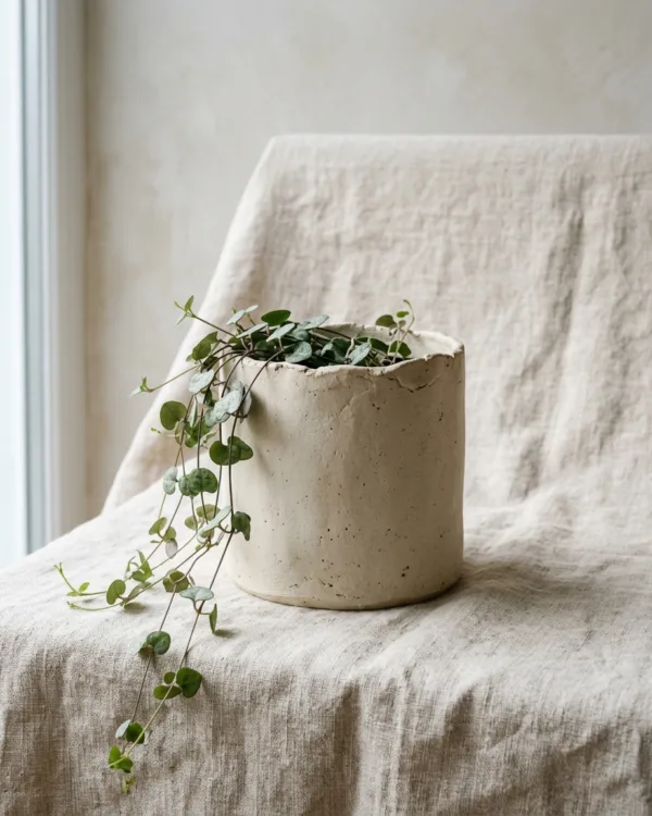 Hand-built bone white clay pot cover holding a small trailing houseplant