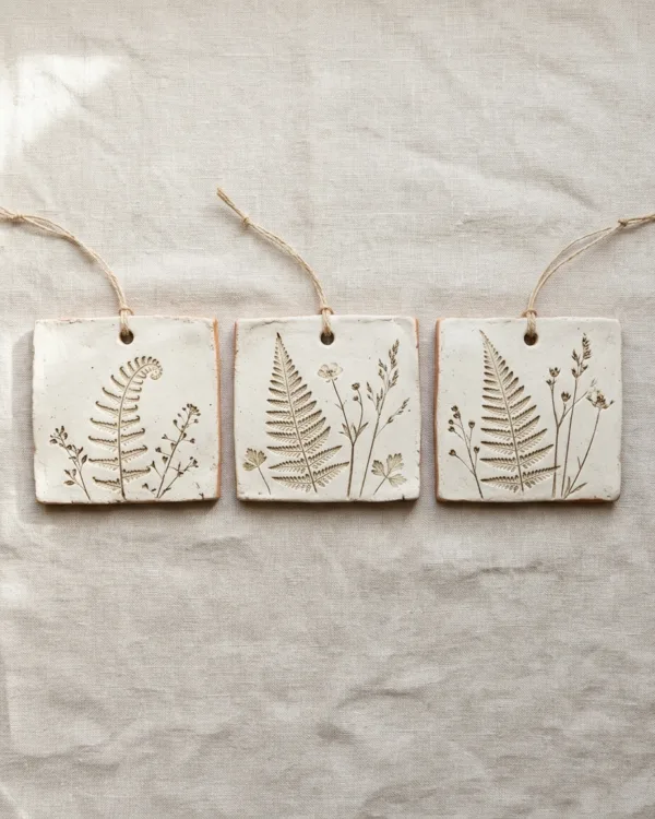 Three chalky white clay wall tiles with fern and wildflower impressions