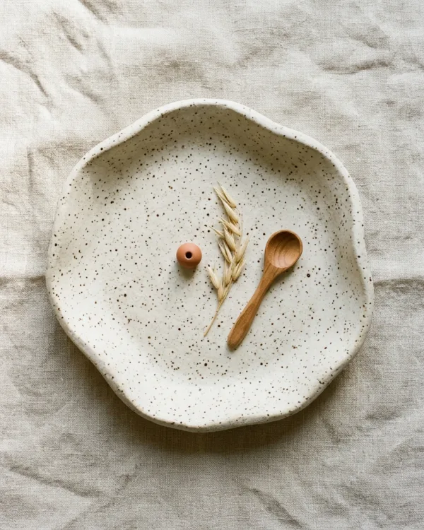 Freeform cream clay dish finely speckled with dark brown flecks