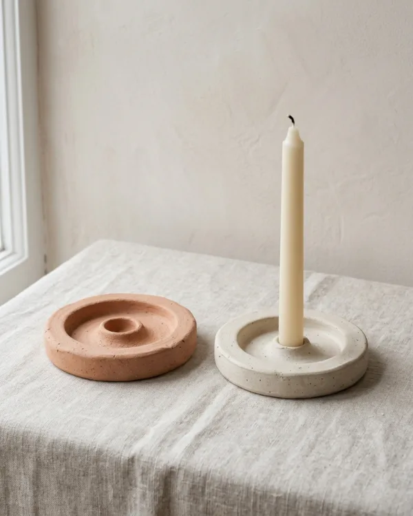 Two low clay candle holder discs, one holding a cream taper candle