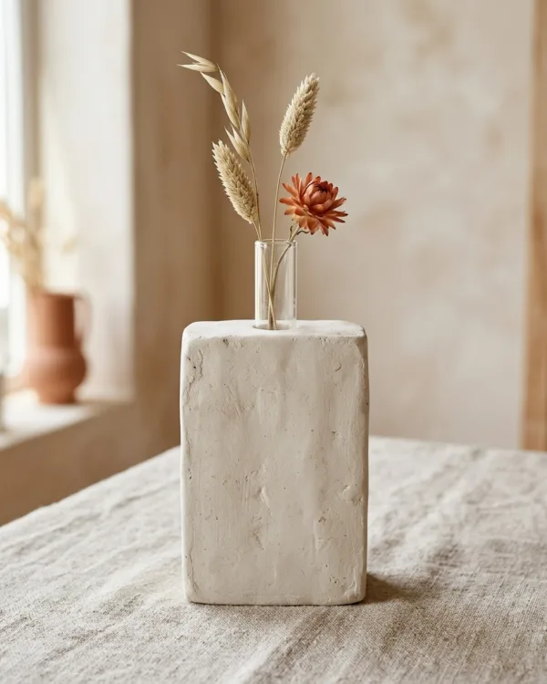 Solid off-white clay block with a glass test tube holding dried grass stems